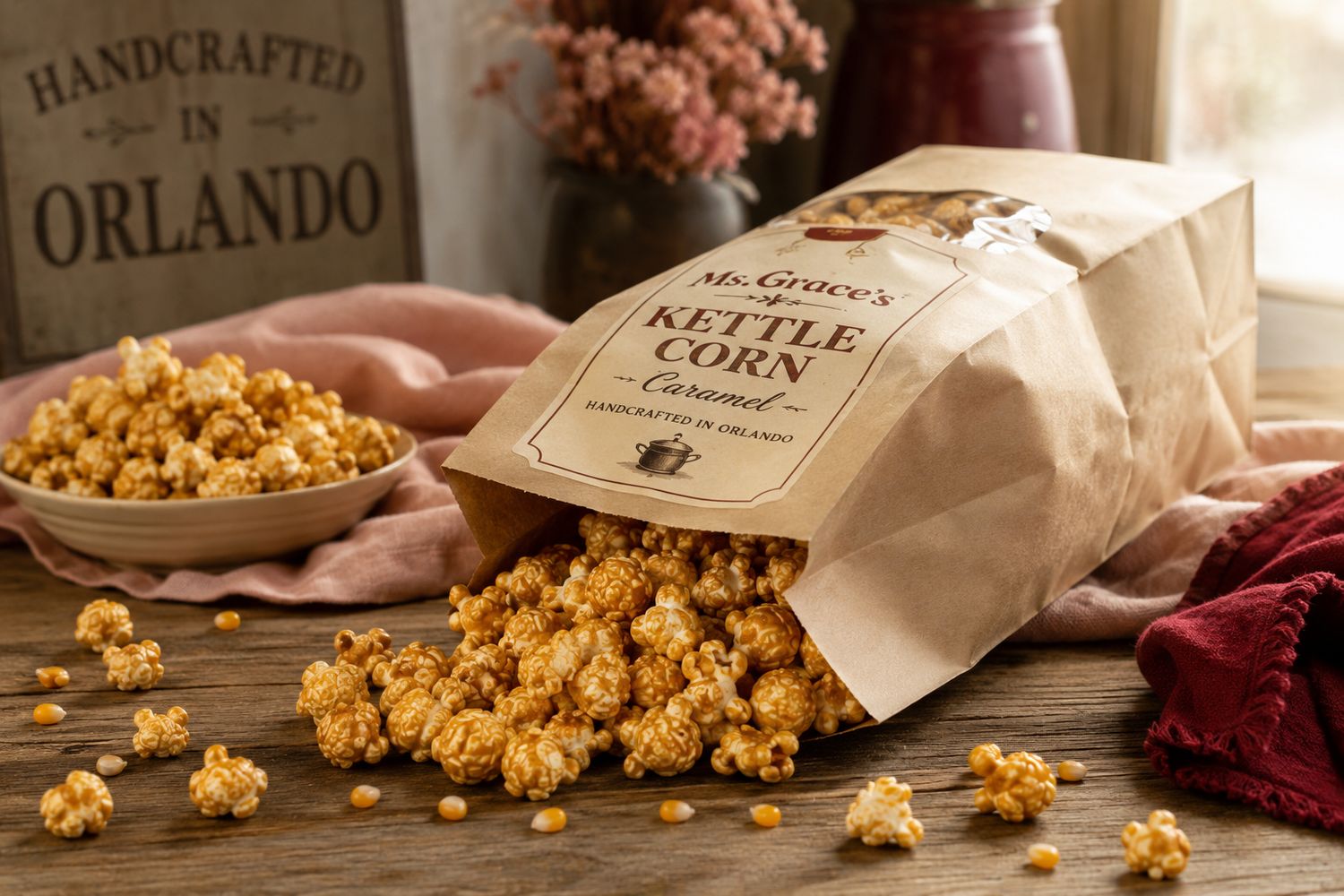 A kraft bag of Ms. Grace's caramel kettle corn spilling onto a rustic wooden table beside a Handcrafted in Orlando sign